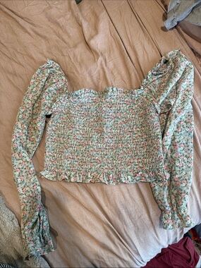Forever 21 Green Floral Smocked Long-Sleeve Crop Top with Pink Accents